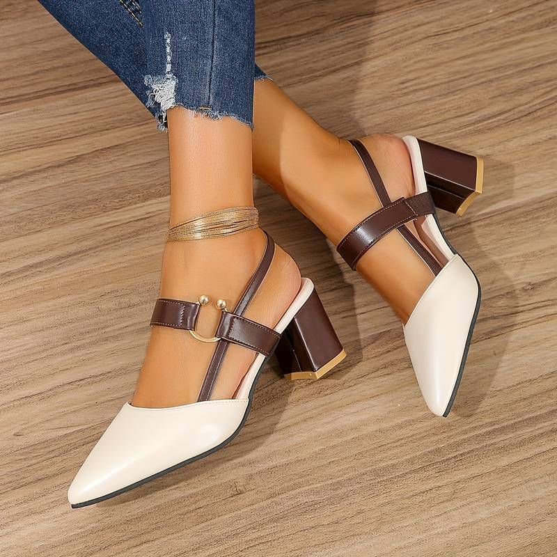 Elegant women's slingback block heels featuring pointed toe & orthopedic comfort for sophisticated styling.