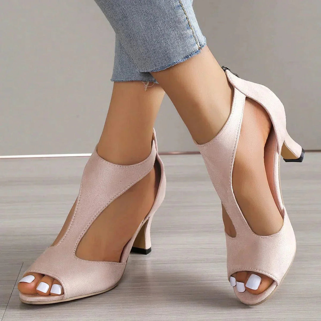 Elegant women's orthopedic peep-toe T-strap heels. Mid heel comfort dress shoes with back zipper for easy wear.