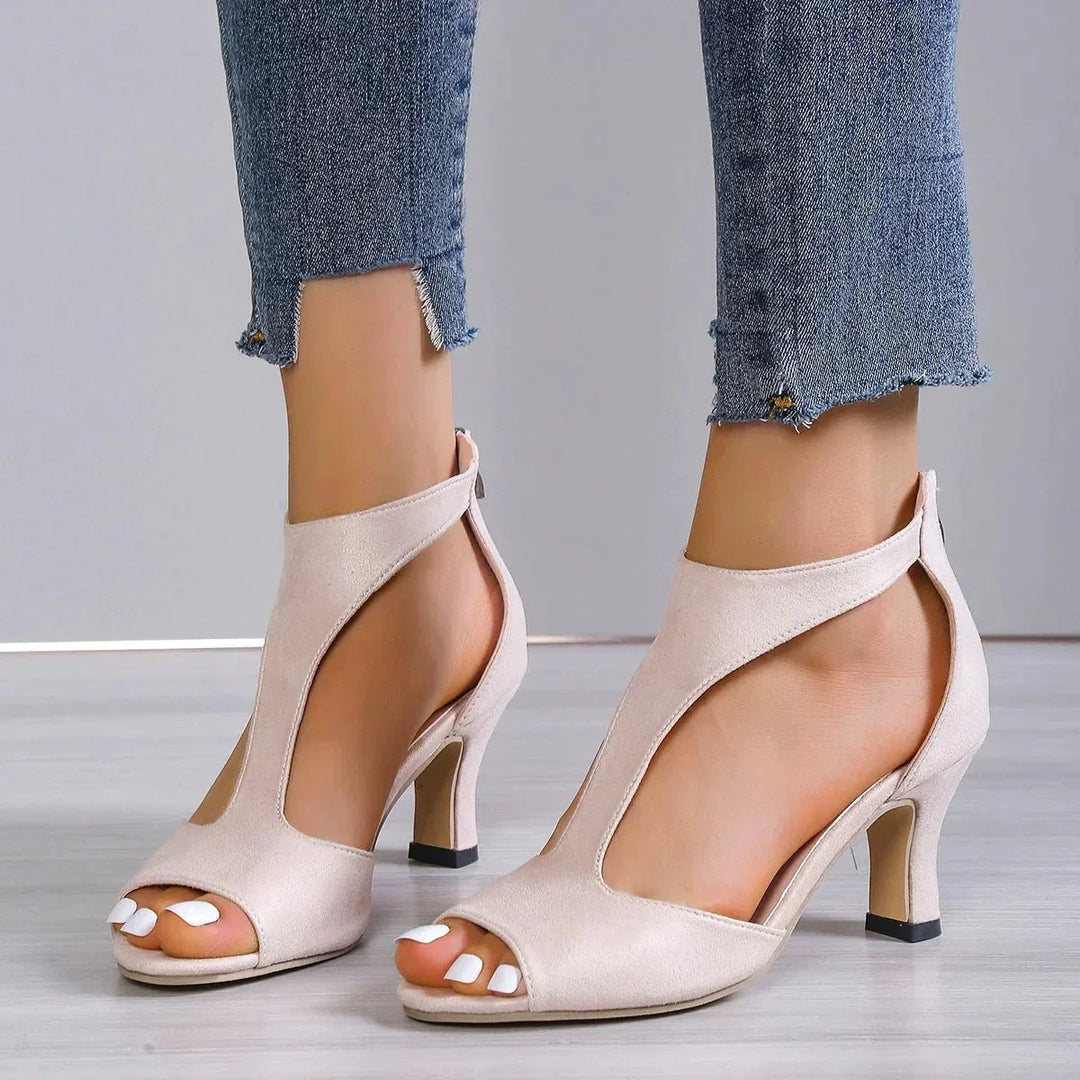Stylish women's T-strap peep-toe heels. Elegant orthopedic mid-heel dress shoes with back zipper for ultimate comfort.