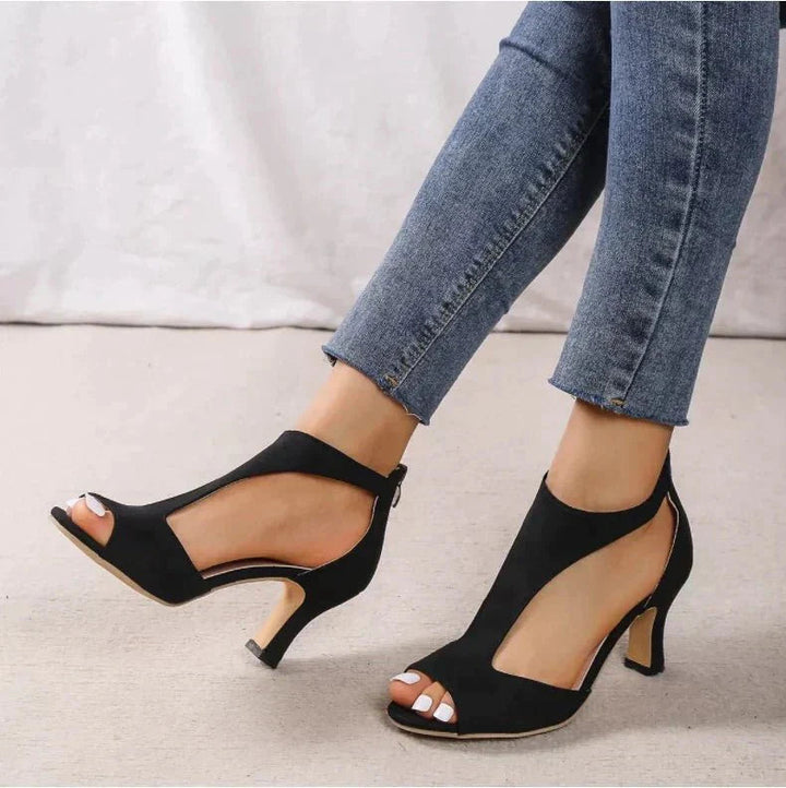 Sophisticated women's orthopedic peep-toe T-strap party heels. Mid-heel comfort dress shoes with a secure back zipper.
