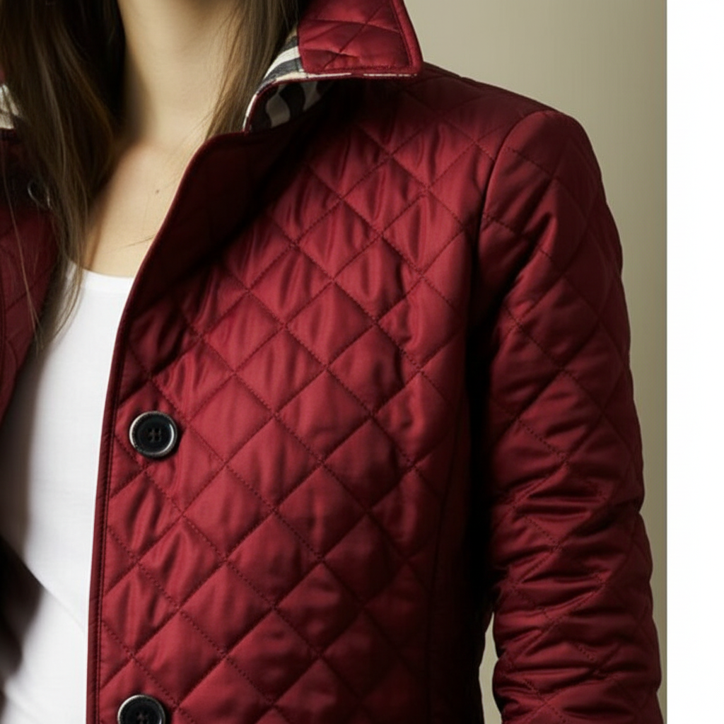 Mona women's quilted winter jacket, elegant outerwear with a flattering tie-waist design.