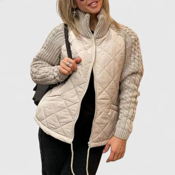 Modern women's elegant patchwork jacket. Chic outerwear for versatile styling, suitable for fall & winter fashion.