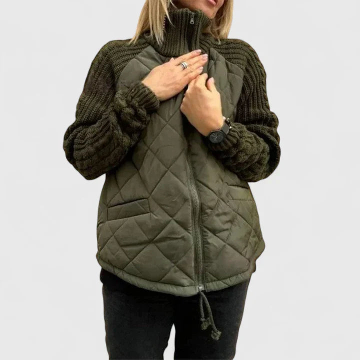 Stylish women's patchwork jacket for a layered look. Elegant and warm outerwear, perfect for modern fall/winter fashion.