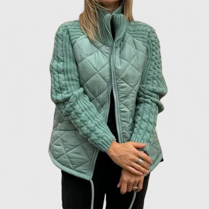 Comfortable women's elegant patchwork jacket. Versatile and stylish outerwear for fall/winter, enhancing any modern outfit.