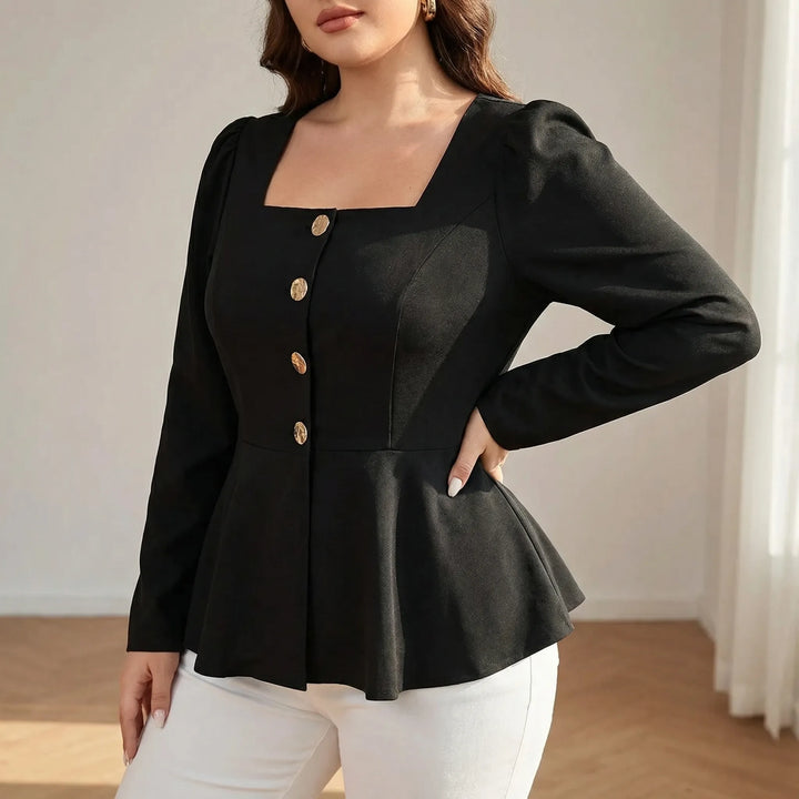 Elegant women's peplum top with square neckline, long sleeves, and fitted waist for a stylish look.