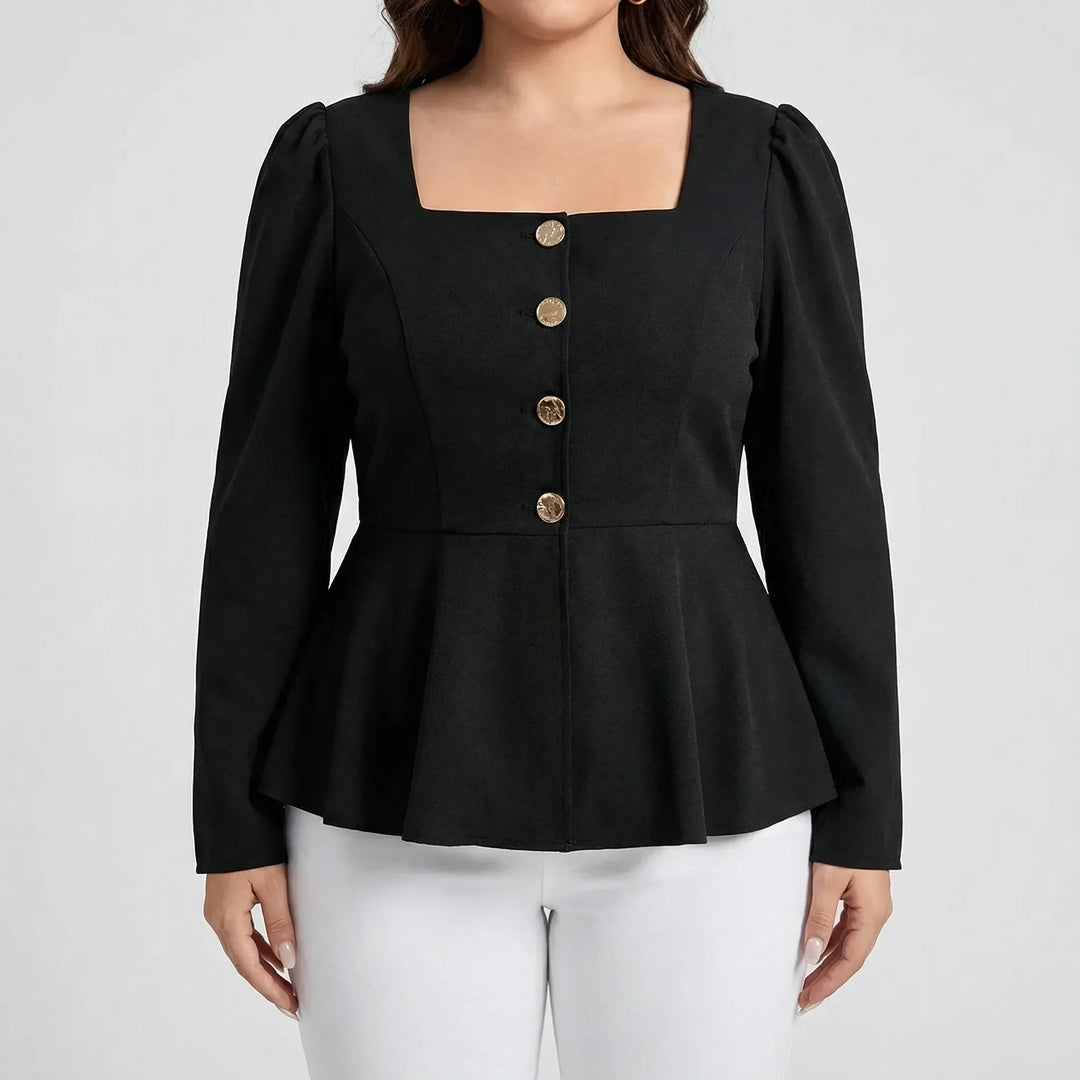 Structured peplum blouse for women featuring a chic square neck, long sleeves, and decorative gold buttons.