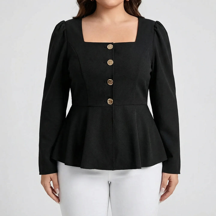 Structured peplum blouse for women featuring a chic square neck, long sleeves, and decorative gold buttons.