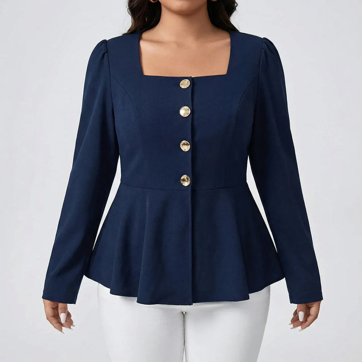 Stylish women's long sleeve peplum blouse, featuring a square neckline, fitted waist & elegant structured design.