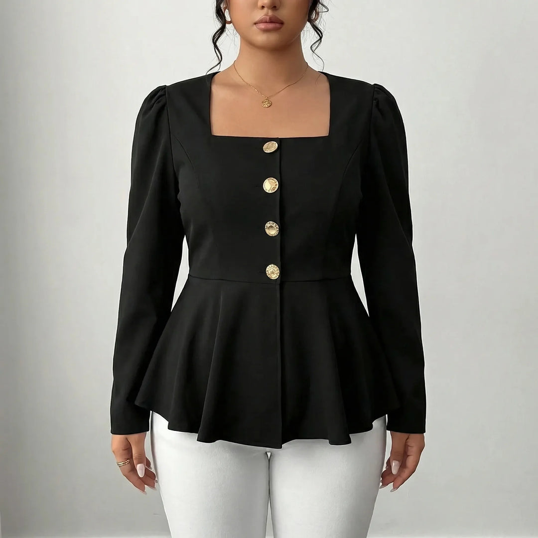 Elegant women's square neck peplum top with long sleeves, perfect for fashion-forward outfits. Flattering fit.