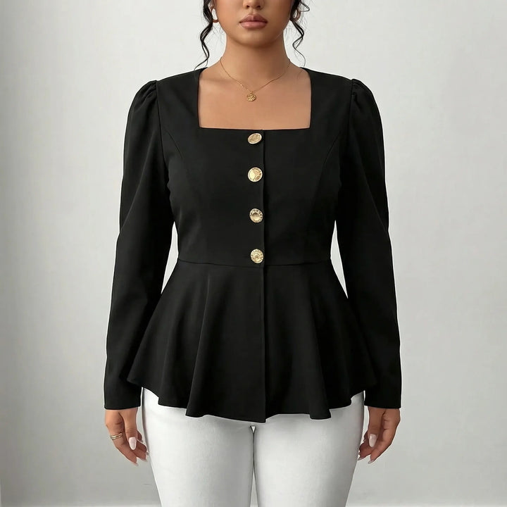 Elegant women's square neck peplum top with long sleeves, perfect for fashion-forward outfits. Flattering fit.