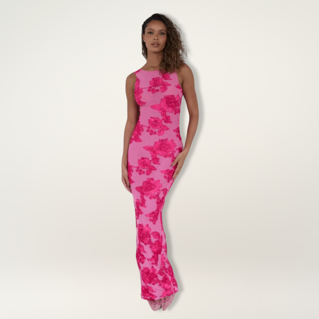 Elegant women's pink floral high-neck maxi wedding guest dress for special occasions & formal events.