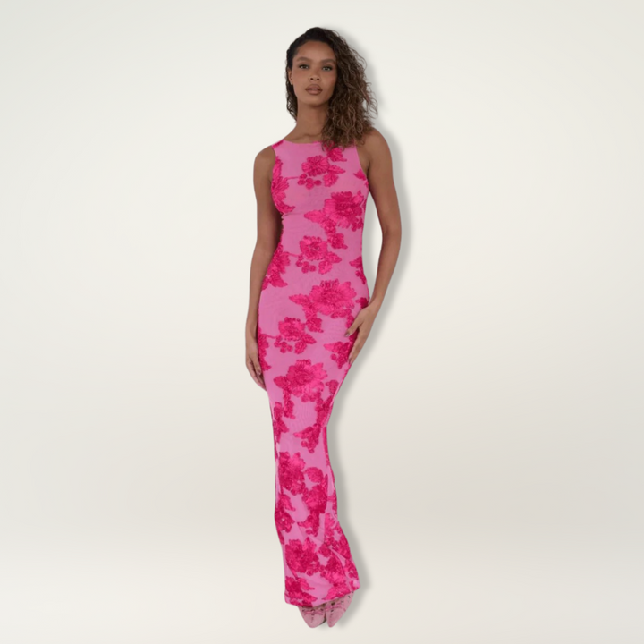 Elegant women's pink floral high-neck maxi wedding guest dress for special occasions & formal events.