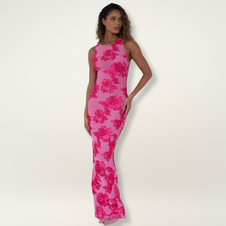 Women's fitted sleeveless pink floral high-neck maxi dress, perfect for wedding guests & evening events.