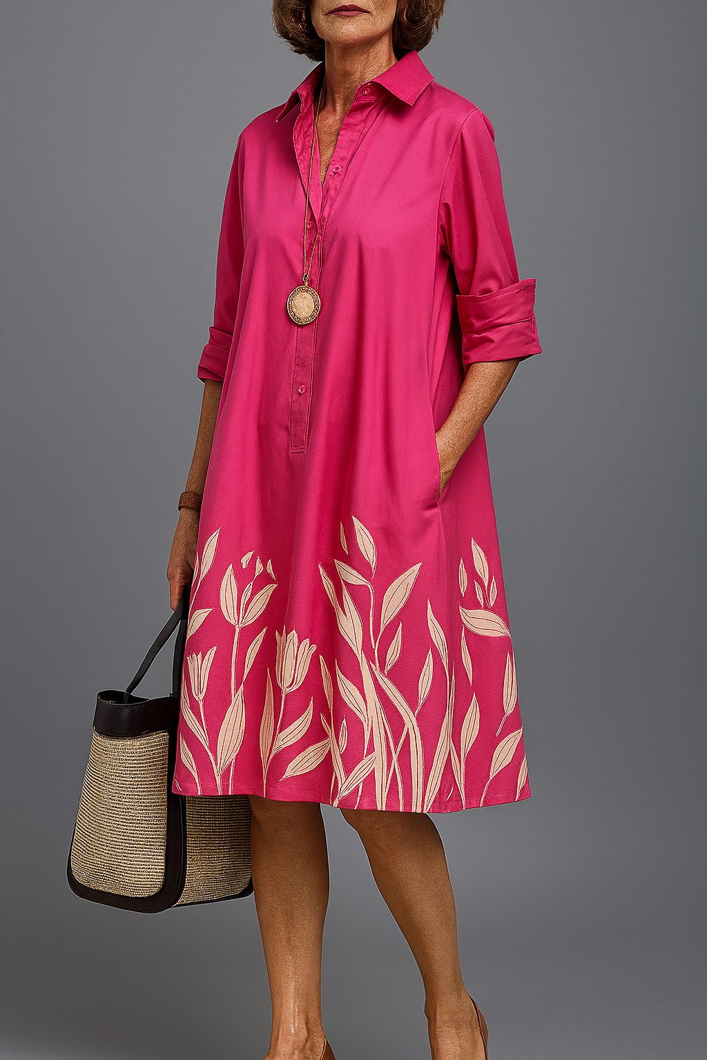 Elegant women's pink floral print midi shirt dress, perfect for spring/summer daytime, brunch, or feminine fashion.