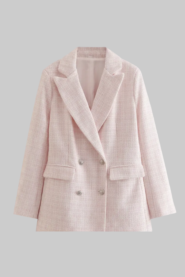Stylish women's pink tailored blazer with a sophisticated cut, ideal for professional meetings or chic outerwear.