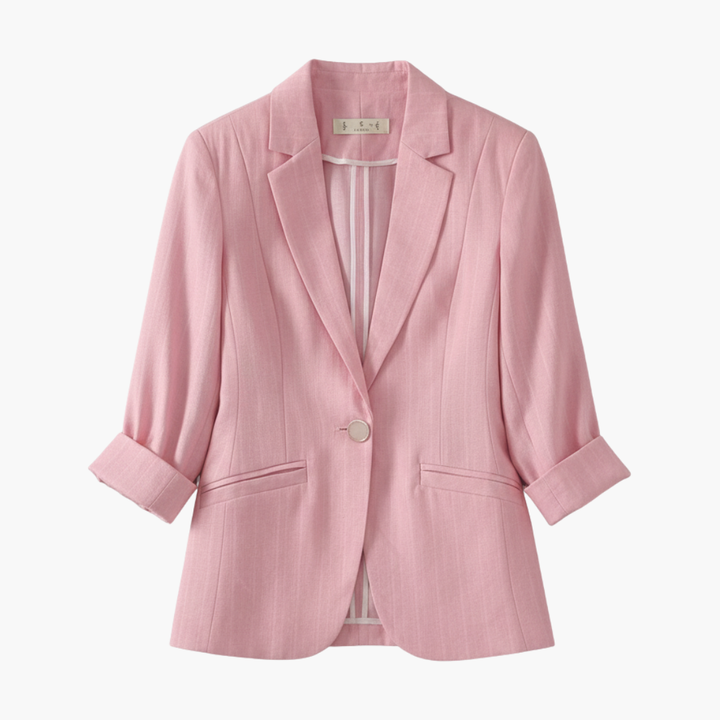 Elegant women's pink tailored blazer with 3/4 sleeves & single button closure, perfect for office or business casual style.