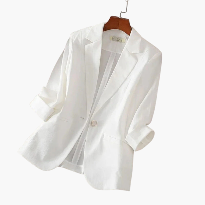 Stylish women's pink jacket, a modern 3/4 sleeve blazer for professional wear, spring outfits, or versatile fashion.