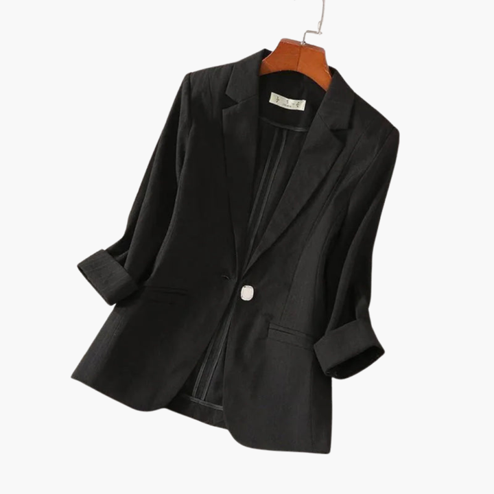 Modern pink women's 3/4 sleeve blazer, a sophisticated single-button jacket for professional and business casual wear.