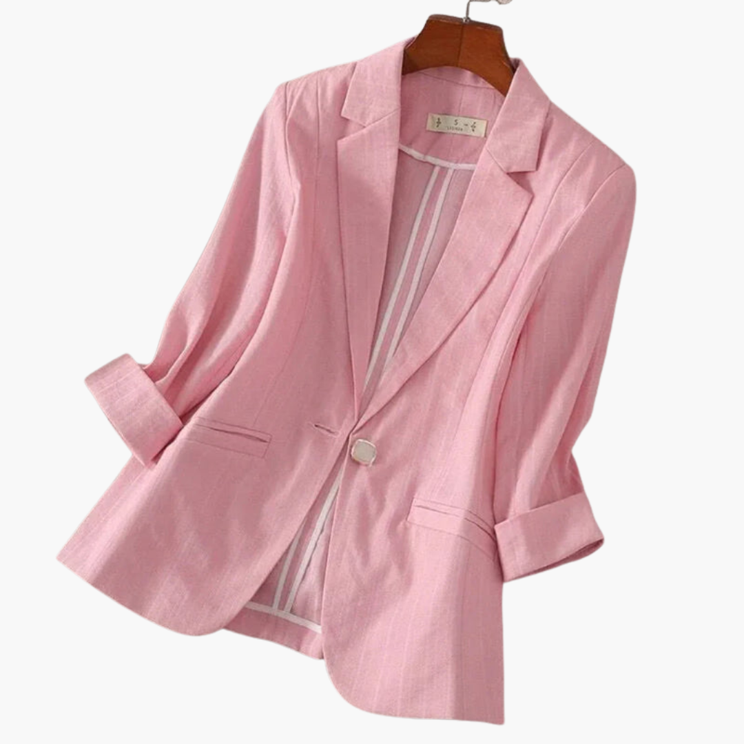 Chic pink women's elegant blazer with 3/4 sleeves, perfect as a spring jacket or for polished professional attire.