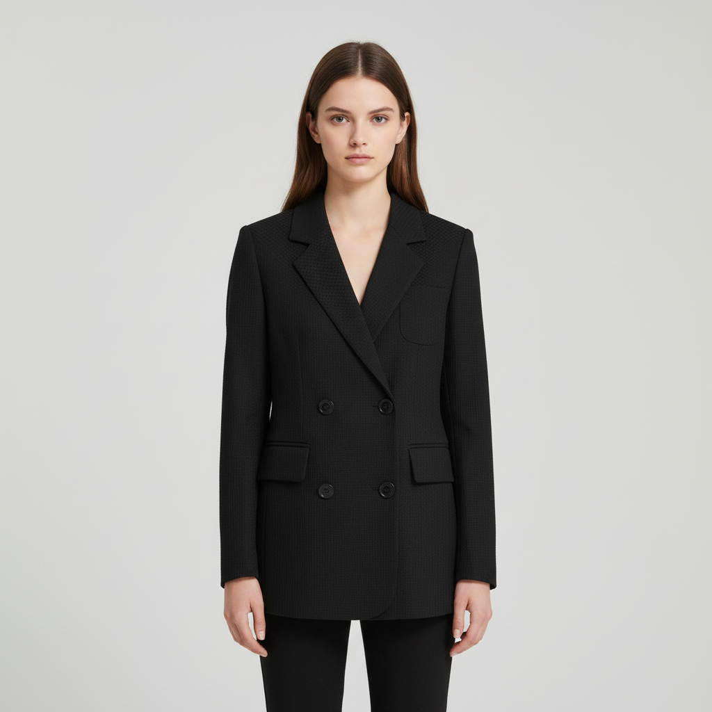 Front view of a women's elegant plaid blazer, showcasing its classic design and tailored fit