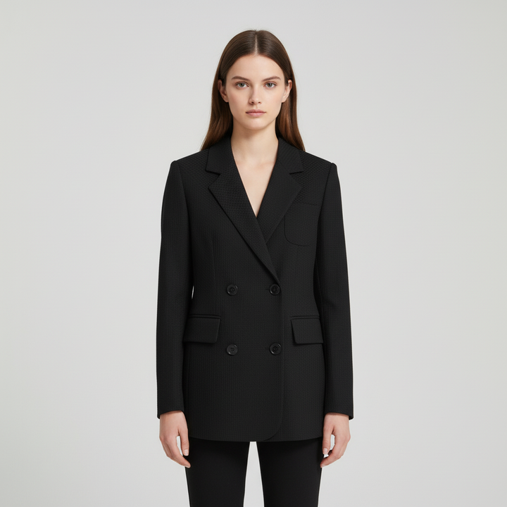 Front view of a women's elegant plaid blazer, showcasing its classic design and tailored fit