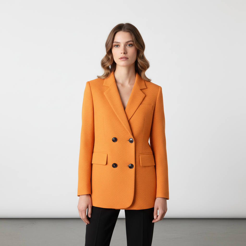 Detail of the plaid pattern on a women's long sleeve blazer jacket, perfect for office wear