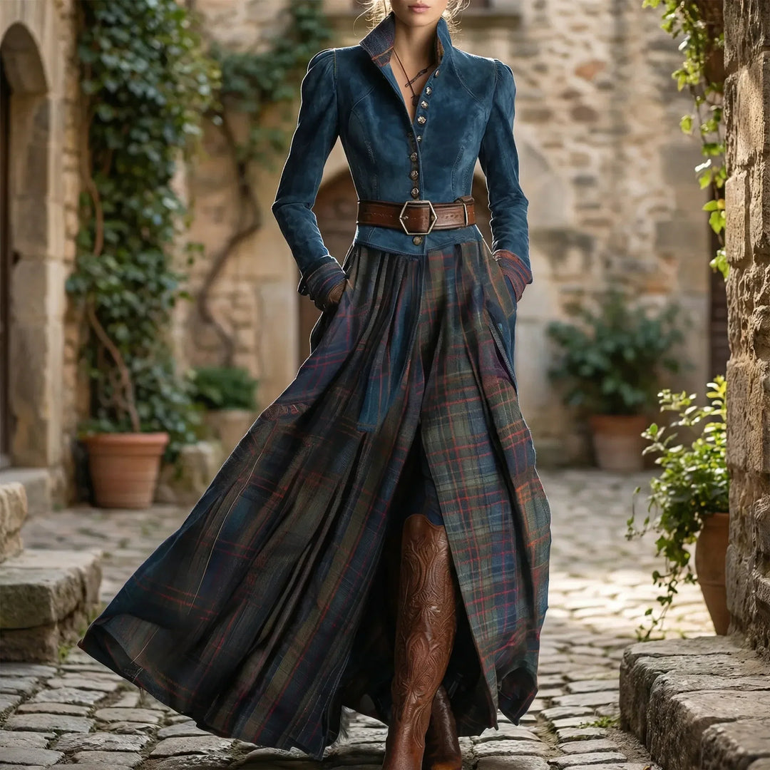 Elegant women's plaid maxi dress with stand collar, ideal for fall & winter fashion, showcasing vintage style.