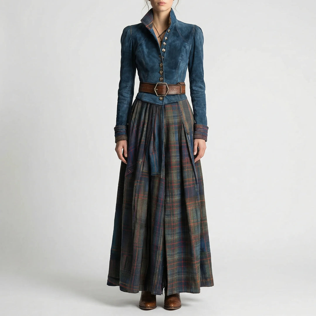 Flowy women's long plaid dress with stand collar & pockets, perfect for casual or formal fall/winter looks.