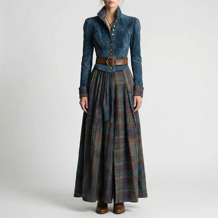 Flowy women's long plaid dress with stand collar & pockets, perfect for casual or formal fall/winter looks.