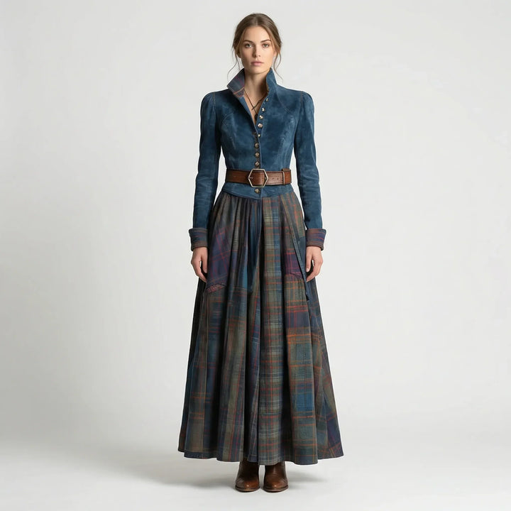 Stylish women's plaid maxi dress with stand collar, elegant and comfortable for fall/winter wear, with pockets.