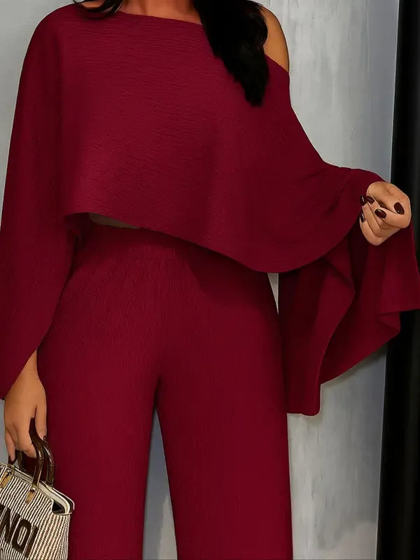 Sophisticated women's elegant pleated two-piece set with a trendy one-shoulder top and comfortable wide-leg chiffon pants.