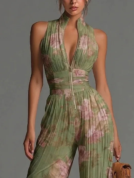Comfortable and elegant women's floral pleated halter jumpsuit, perfect for a stylish vacation outfit or evening wear.
