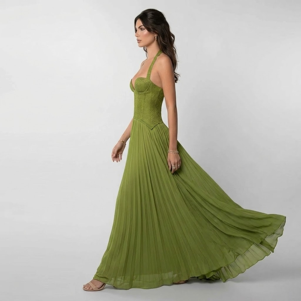 Stylish women's halter maxi dress with pleated skirt & chic open back design. A versatile choice for elegant occasions.