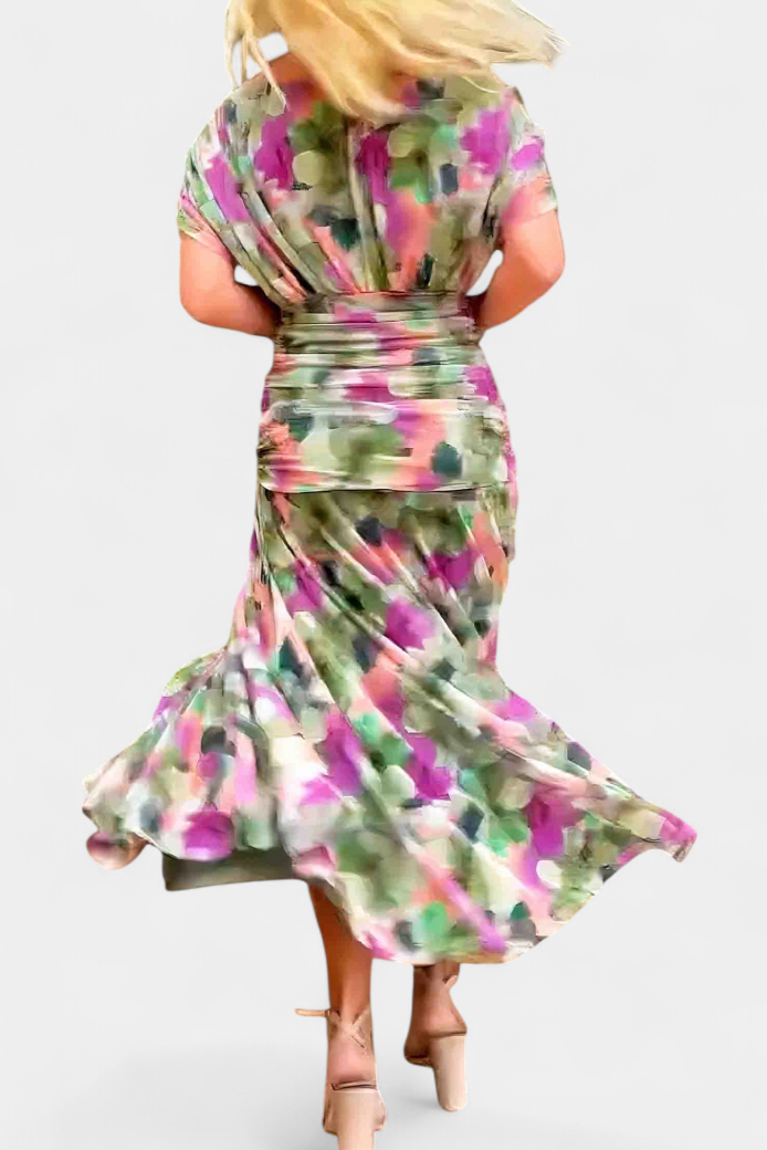 Sophisticated women's pleated maxi dress, a formal wedding guest gown with a flattering V-neck.