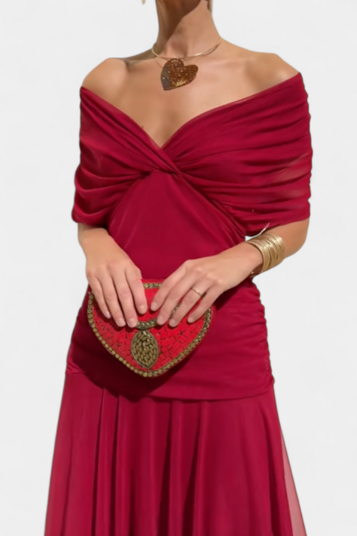 Chic women's formal pleated maxi dress, a V-neck gown designed for elegant wedding guests.