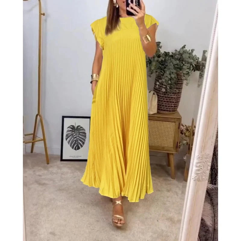 Chic women's pleated maxi dress, designed for a flattering, comfortable & versatile look.