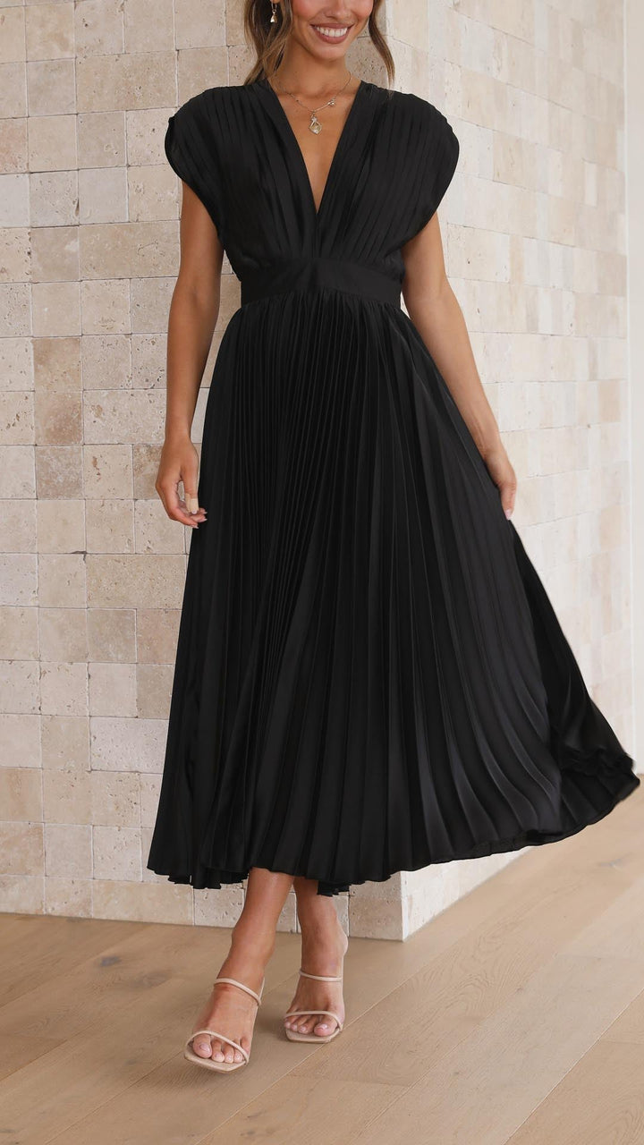 Formal sleeveless pleated maxi dress for women, deep V-neck, ideal for sophisticated events.
