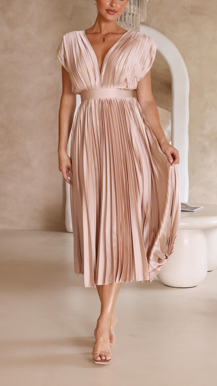 Elegant women's V-neck maxi dress, beautifully pleated for a sophisticated formal look.