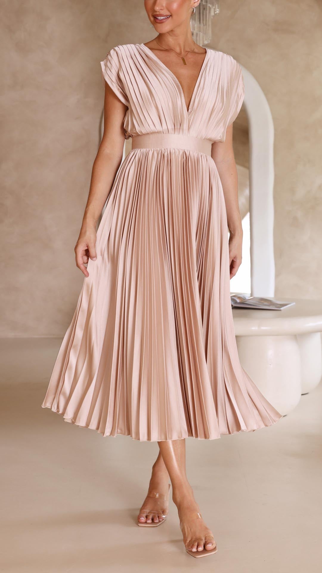 Formal women's pleated evening gown, deep V-neck, perfect for special occasions.