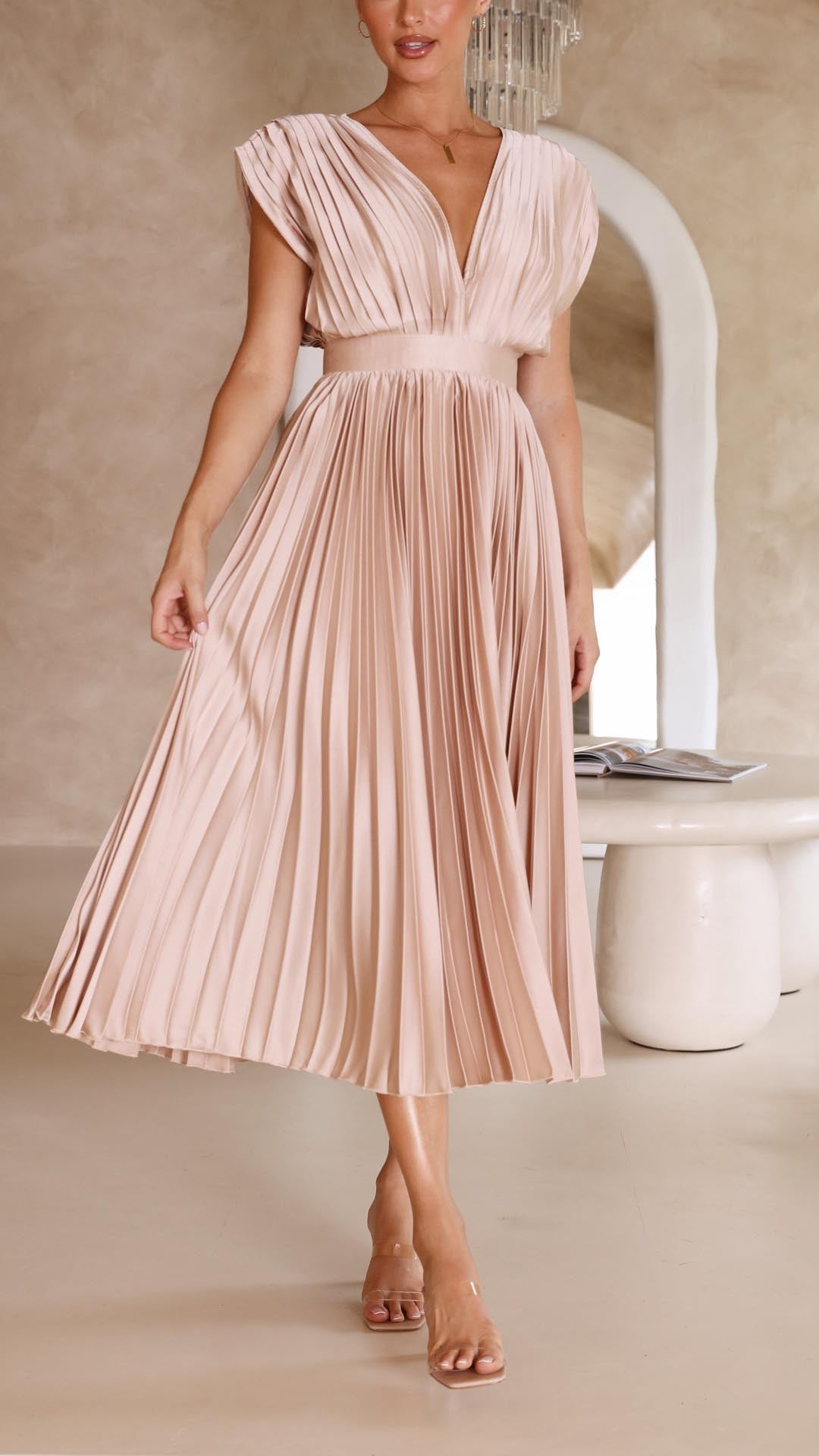 Women's wedding guest pleated maxi dress, elegant V-neck design, flowy & chic.