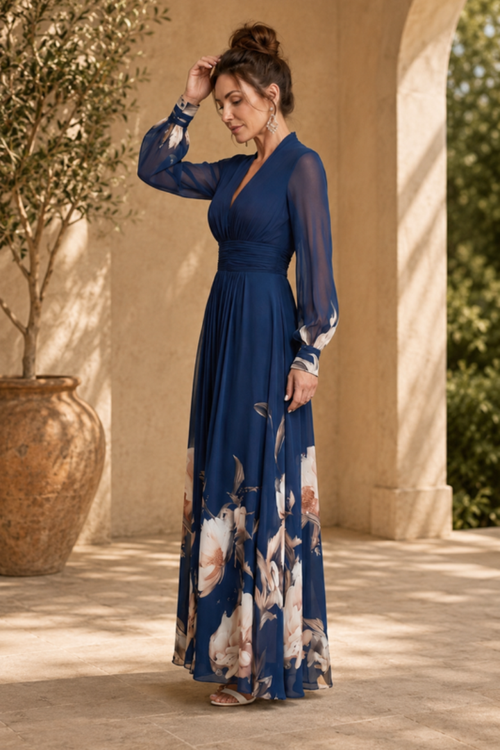 Formal long pleated maxi dress for women, featuring chic sheer sleeves and an elegant design.
