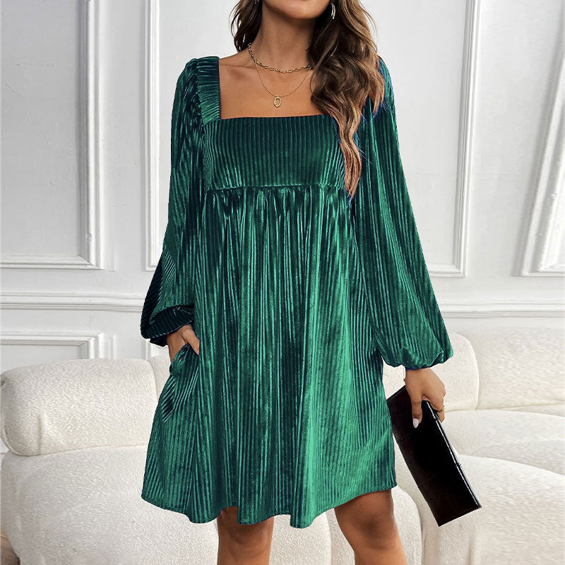 Elegant women's pleated maxi dress with square neckline, perfect for evening, party, or formal special occasions.