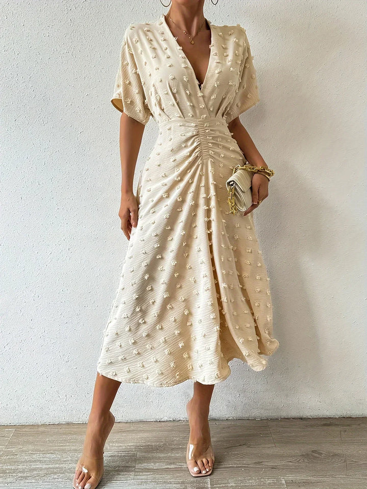 Elegant women's pleated ruffle midi evening dress, perfect for formal events & special occasions.