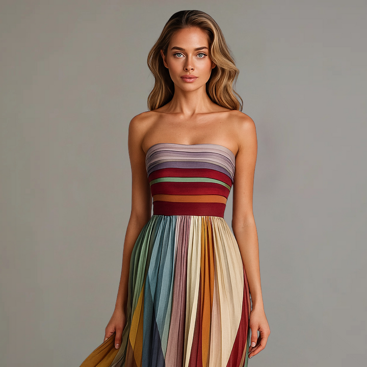 Women's elegant strapless pleated maxi dress, a long flowy gown for evening wear, parties & formal occasions.