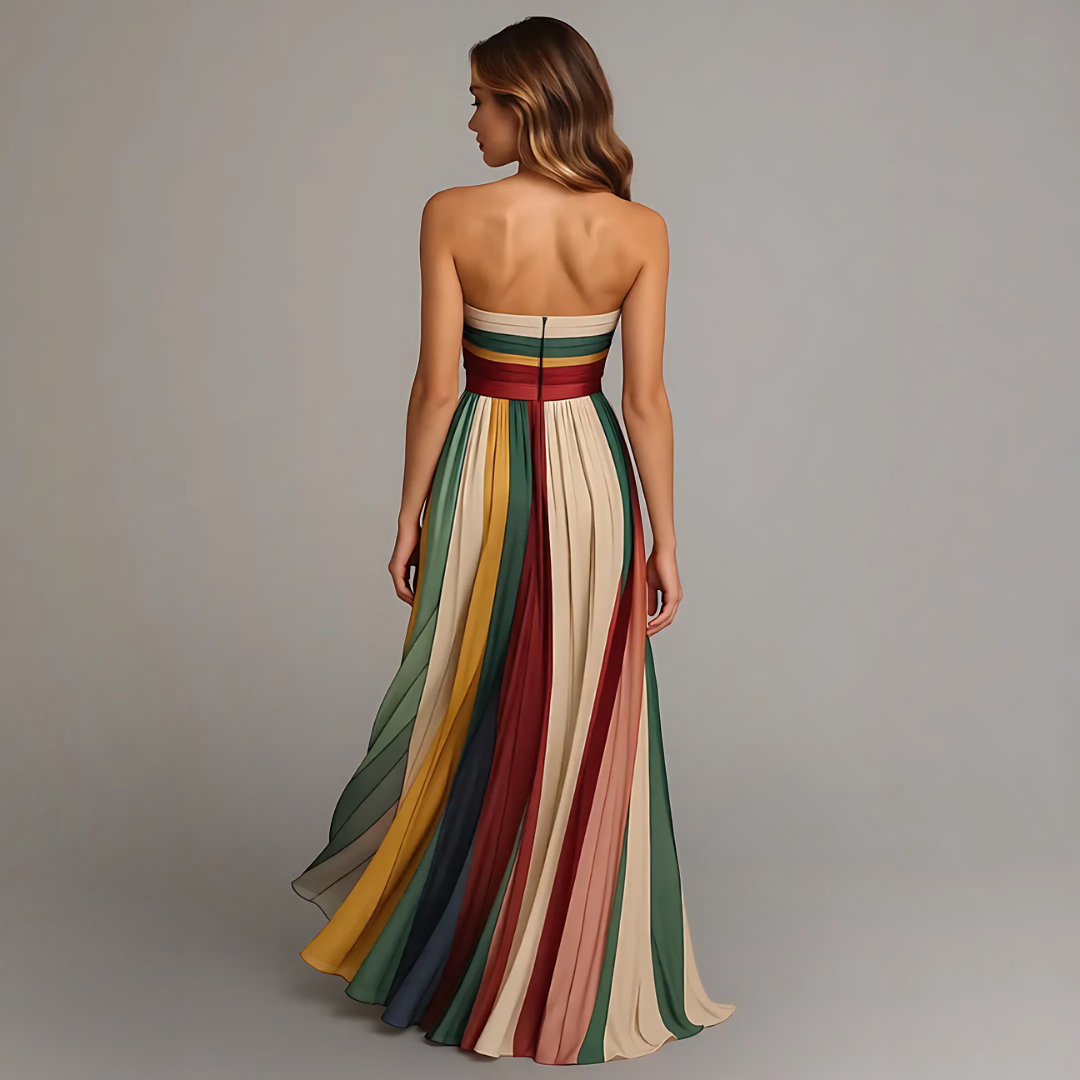 Chic women's strapless pleated evening dress, a beautiful long maxi gown for special occasions & formal events.