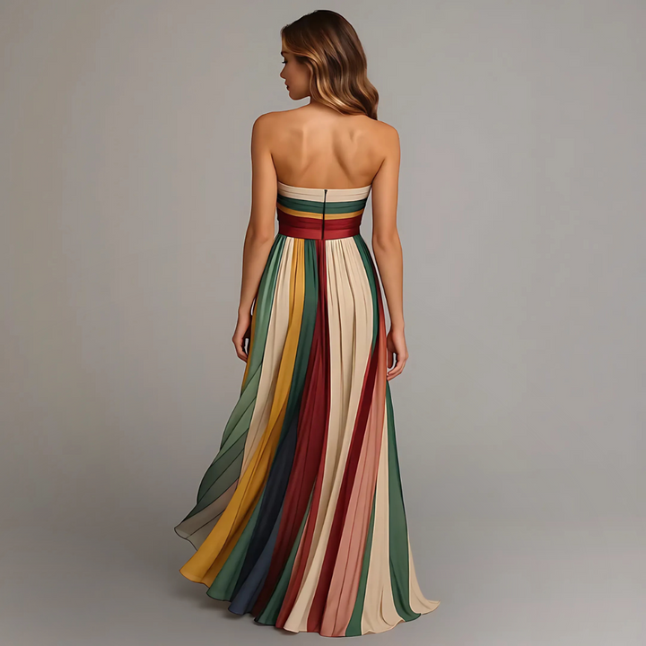 Chic women's strapless pleated evening dress, a beautiful long maxi gown for special occasions & formal events.