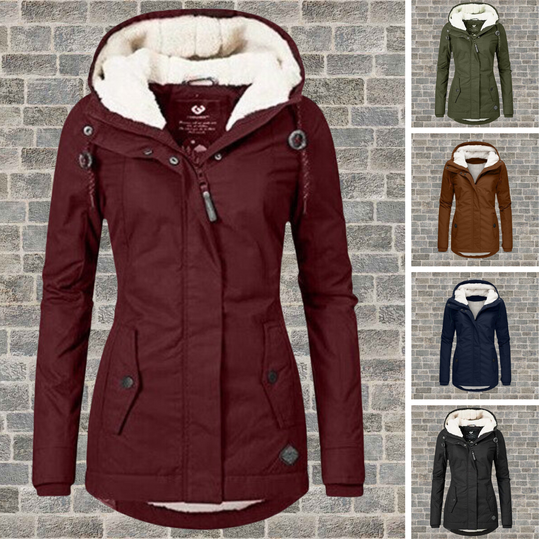 Warm women's winter jacket with detachable hood, ideal for versatile cold weather outerwear.