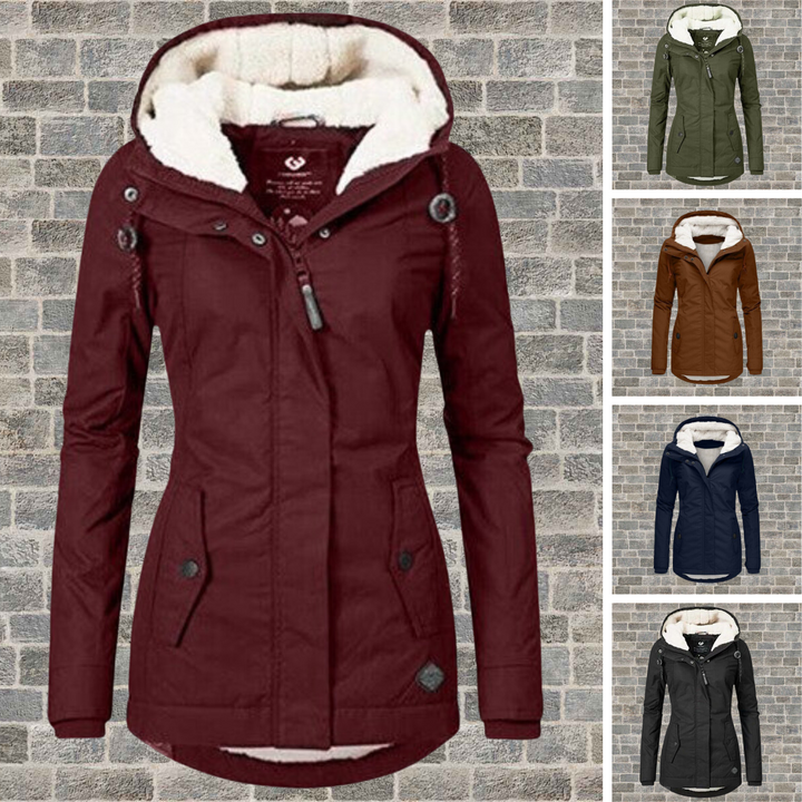 Warm women's winter jacket with detachable hood, ideal for versatile cold weather outerwear.