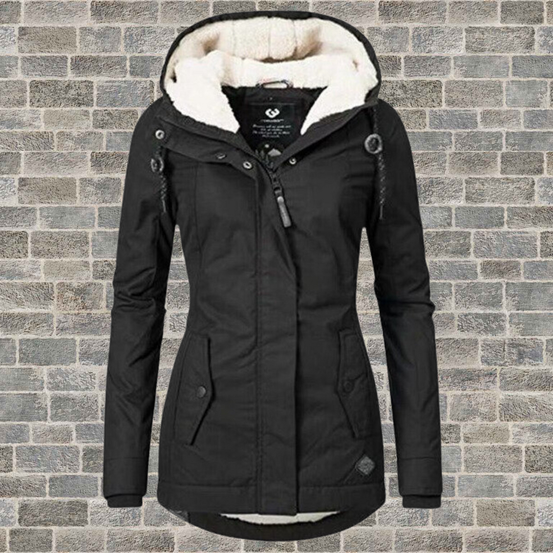Versatile women's pleated winter jacket with detachable hood, stylish outerwear for cold weather fashion.