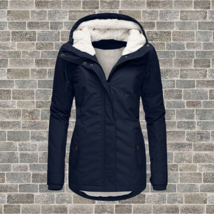Textured pleated women's winter jacket, warm & elegant with detachable hood, perfect for winter fashion.